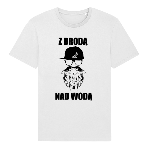 Biała, wędkarska koszulka z napisem na piersi: z brodą nad wodą