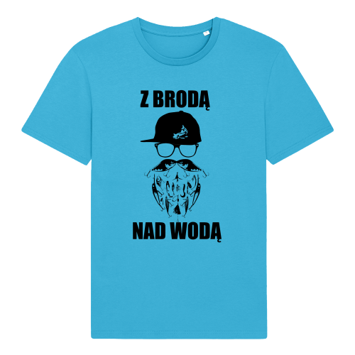 Błękitna, wędkarska koszulka z napisem na piersi: z brodą nad wodą