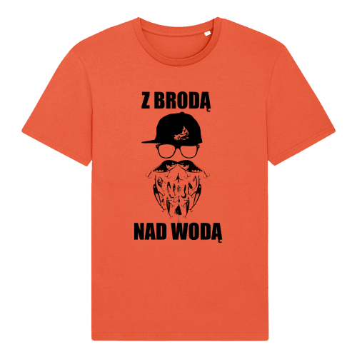 Pomarańczowa, wędkarska koszulka z napisem na piersi: z brodą nad wodą