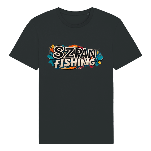 Czarna, wędkarska koszulka z napisem na piersi: szpan fishing