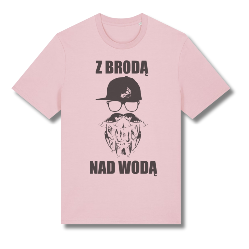 Różowa, wędkarska koszulka z napisem na piersi: z brodą nad wodą